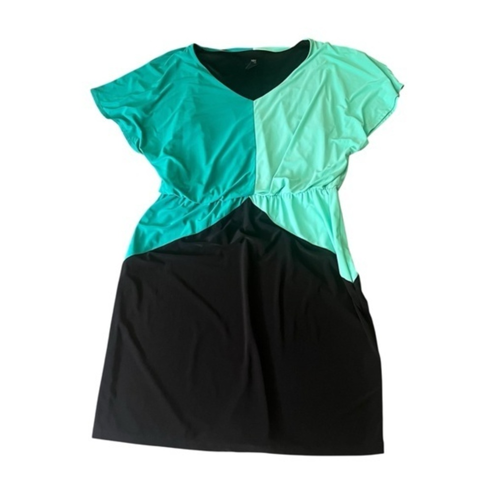 JBS ColorBlock Turquoise & Black V-Neck Flutter Sleeves Cocktail Dress Size XL